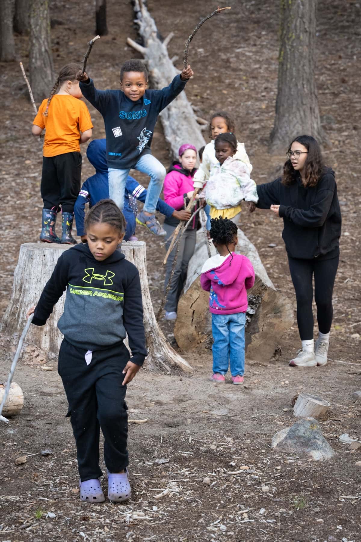 Kids playing freely among the trees at camp, two balanced on tree stumps waving sticks