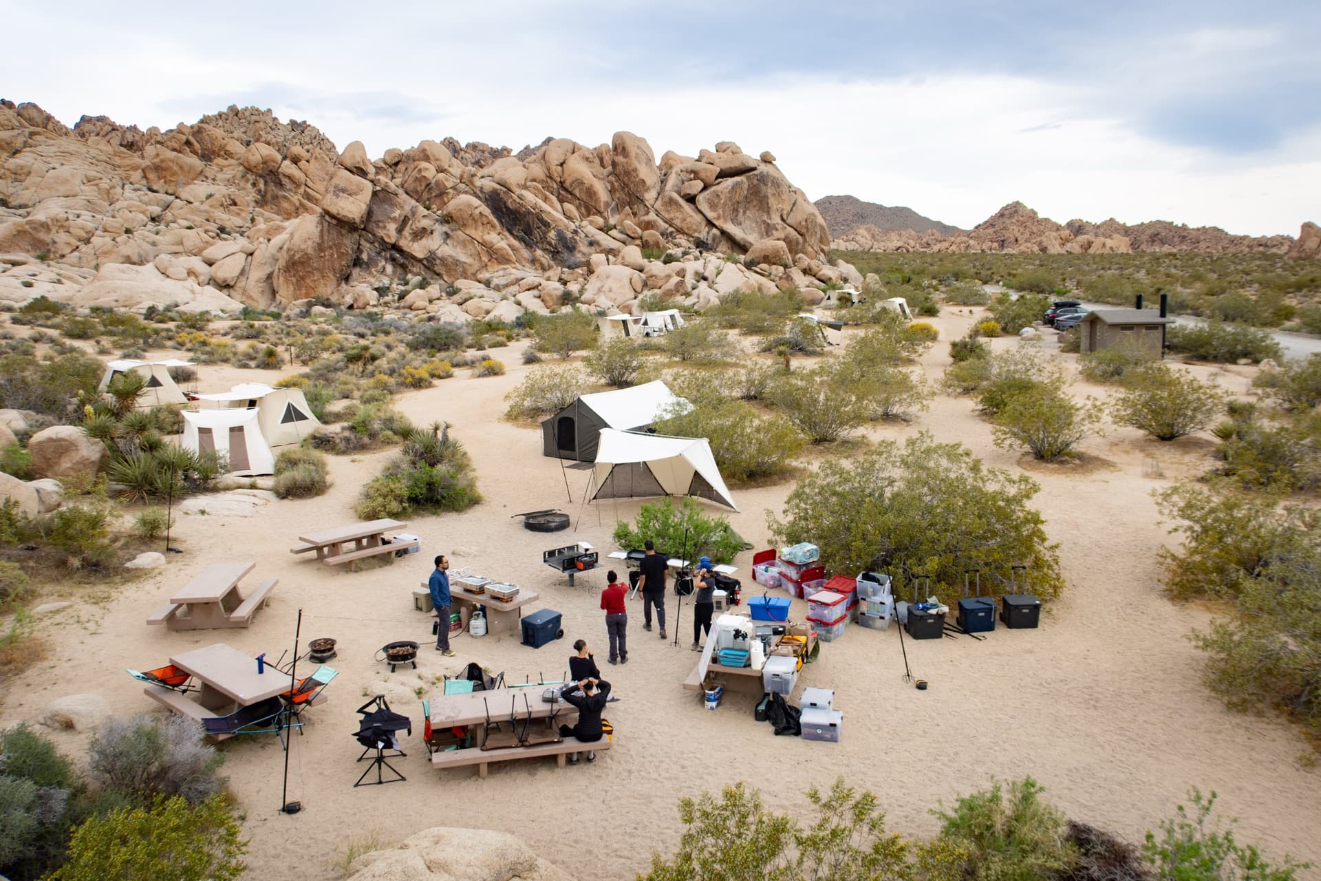Springbar tents and shared kitchen at Indian Cove Group Campground