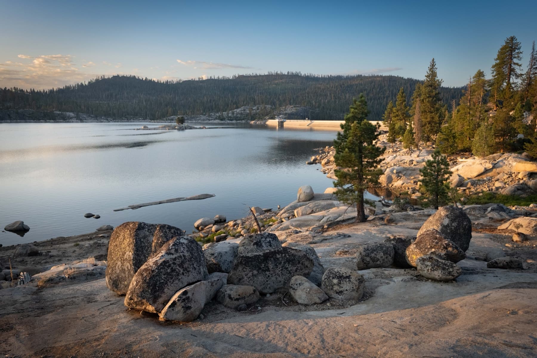 Evening light over the shoreline boulders and pines at Spicer Reservoir